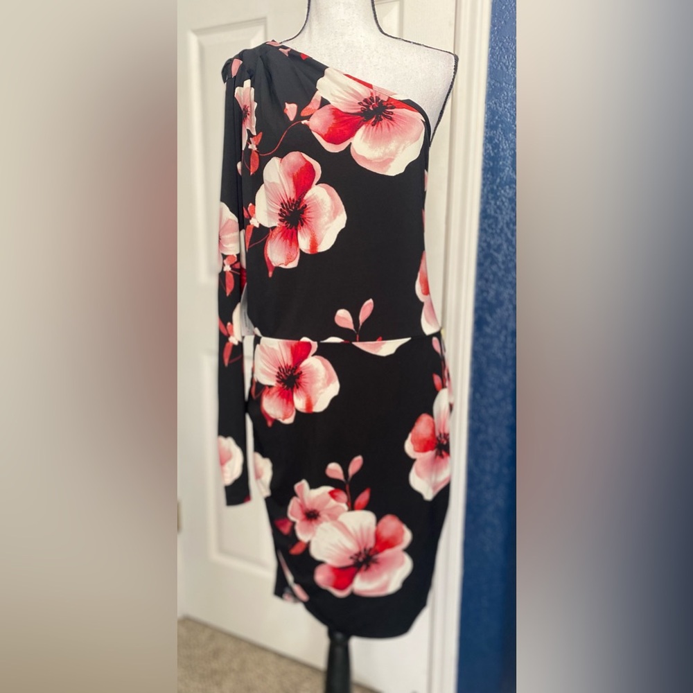 BOLD elements Black One-Shoulder Dress with Pink Floral Print